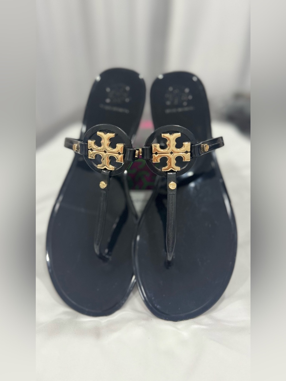 Tory Burch Black Patent Logo Thong Sandals with Gold Trim